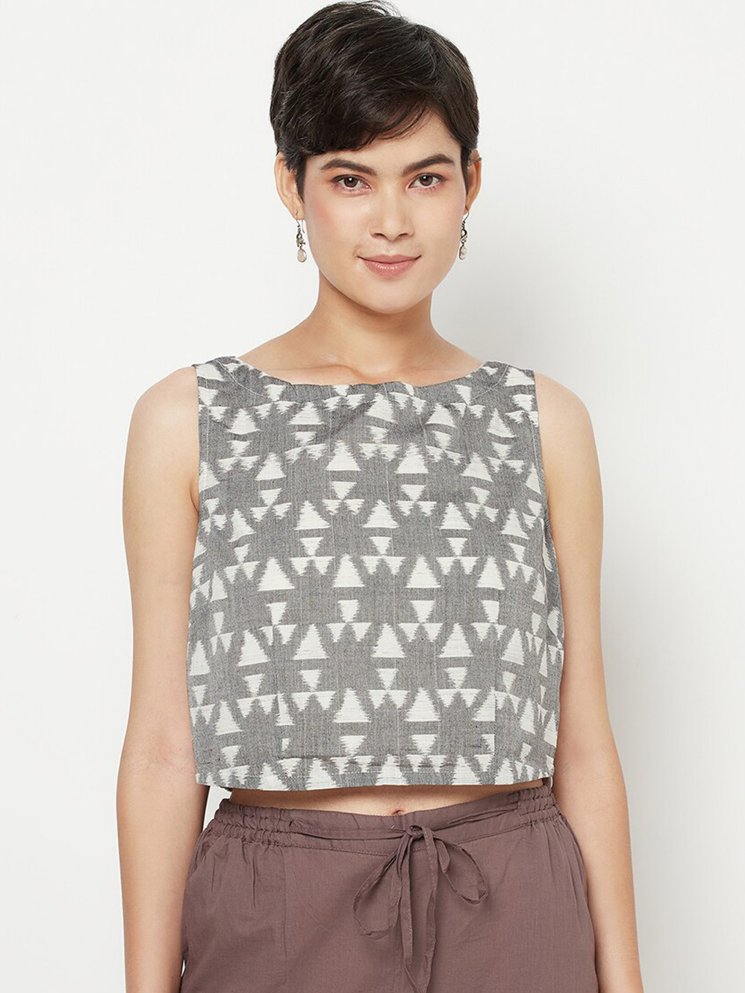 

Fabindia Women Off-White & Grey Printed Pure Cotton Saree Blouse