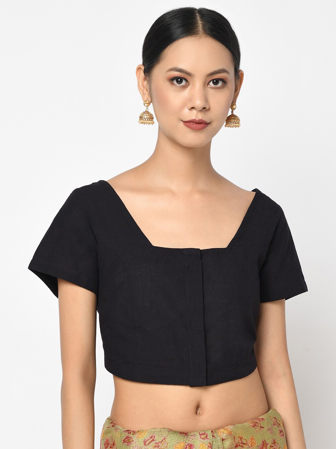 

Fabindia Women Black Solid Cotton Saree Blouse