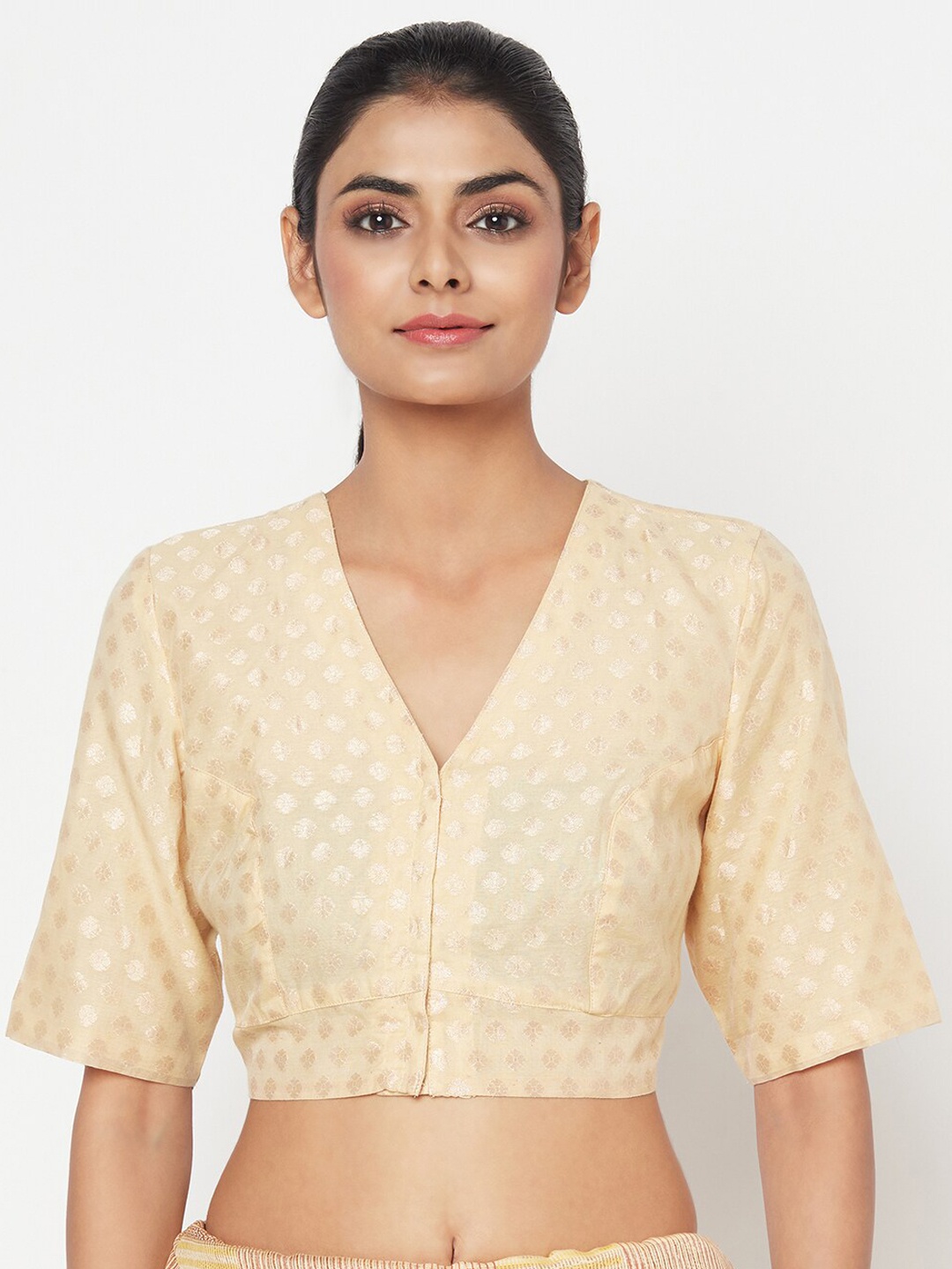 

Fabindia Women Beige Cotton Silk Woven Saree Blouse