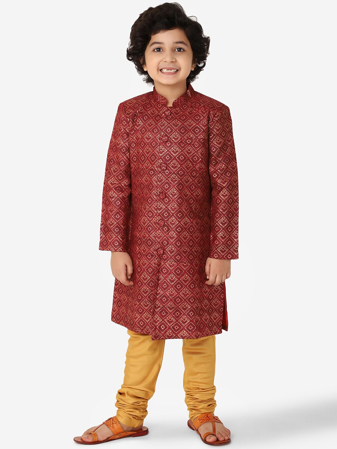 

Fabindia Boys Red & Gold-Toned Printed Sherwani Set