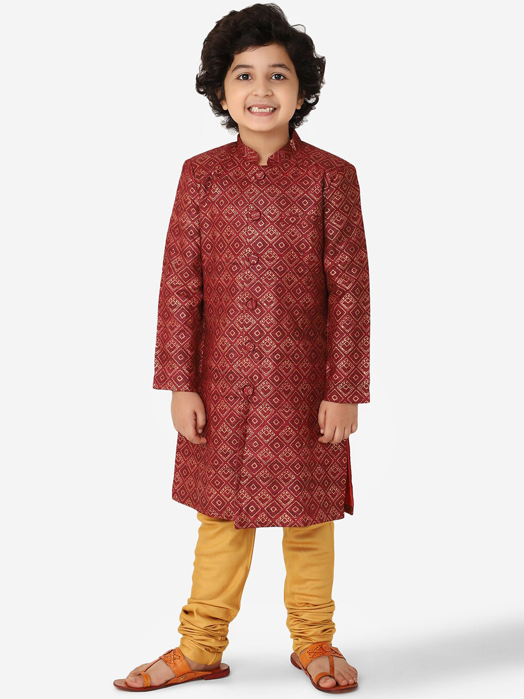 

Fabindia Boys Red & Mustard Yellow Tussar Silk Printed Sherwani Set