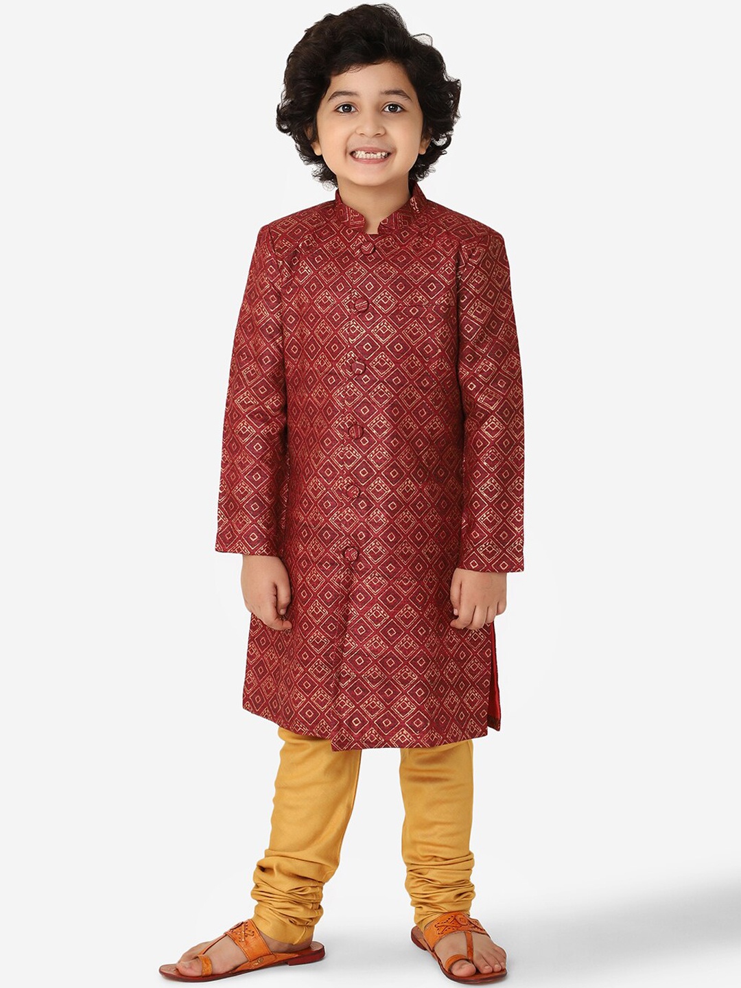 

Fabindia Boys Red & Yellow Printed Sherwani Set
