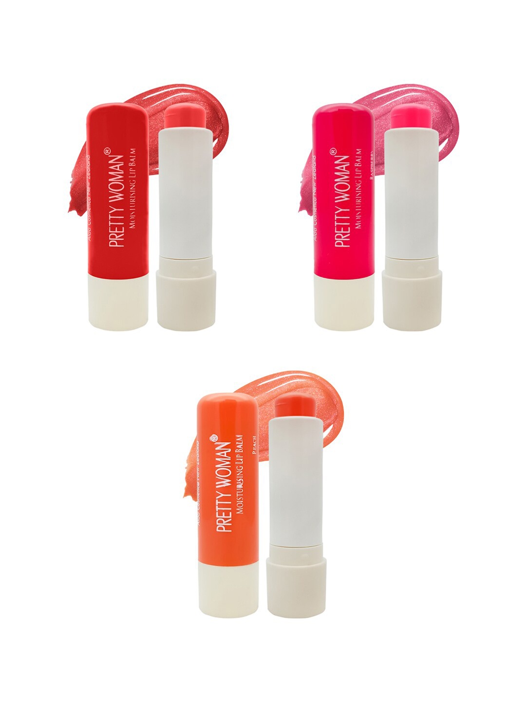 

Pretty Woman Set of 3 Moisturising Lip Balms 4.8 g Each - Strawberry, Raspberry & Peach, Red