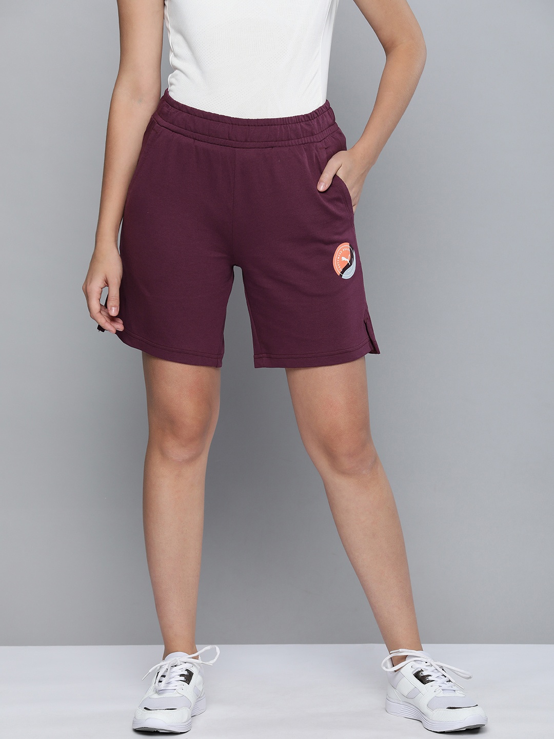 

Puma Women Burgundy Graphic Logo Printed Loose Fit Sports Shorts