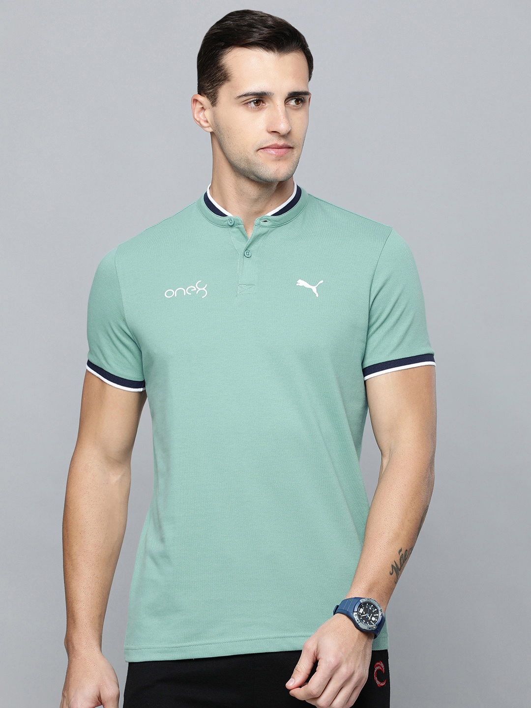 

one8 x PUMA Men Blue Brand Logo Printed Mandarin Collar T-shirt