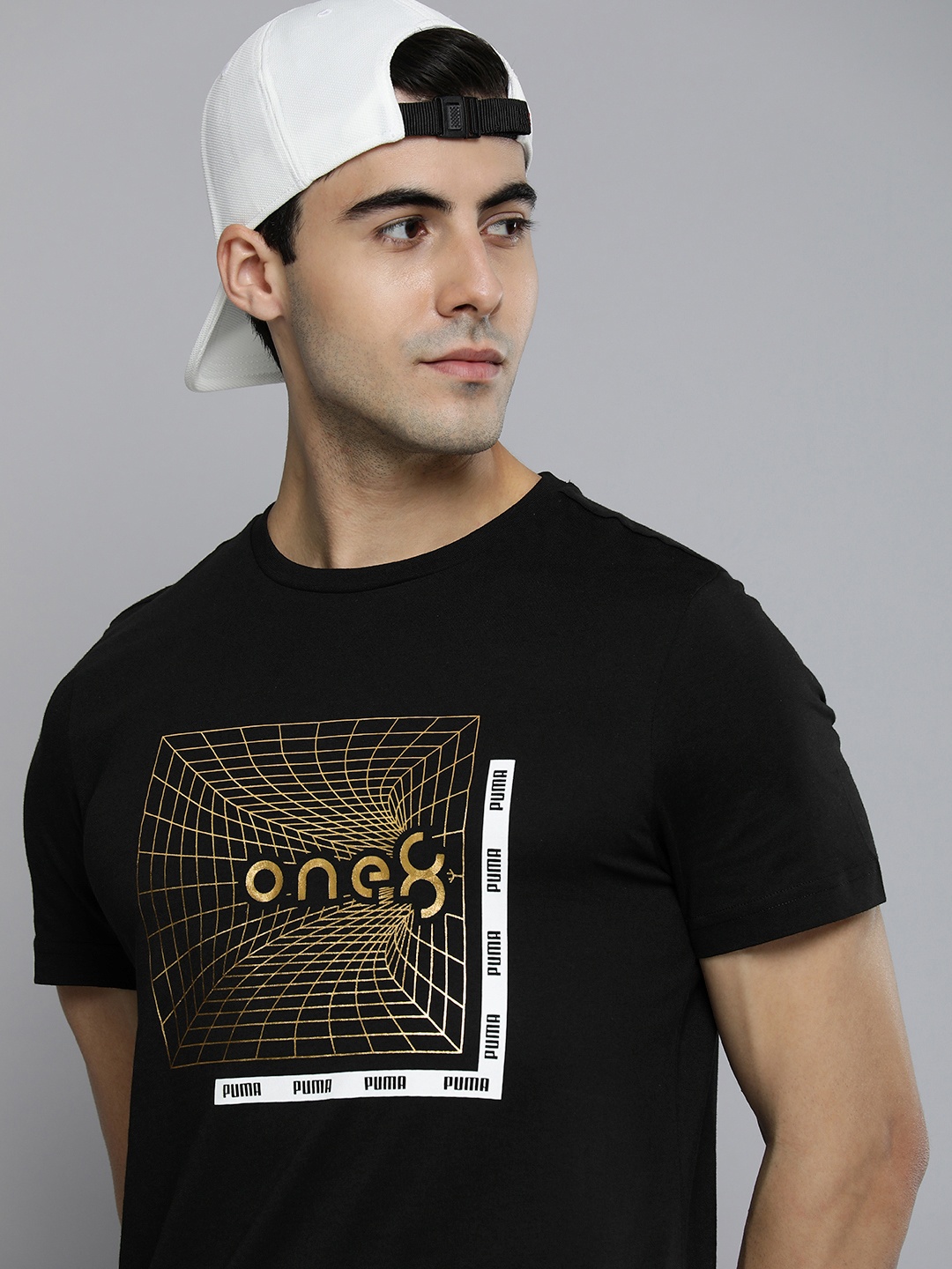 

one8 x PUMA Men Black & Brown Brand Logo Printed Round Neck Pure Cotton T-shirt