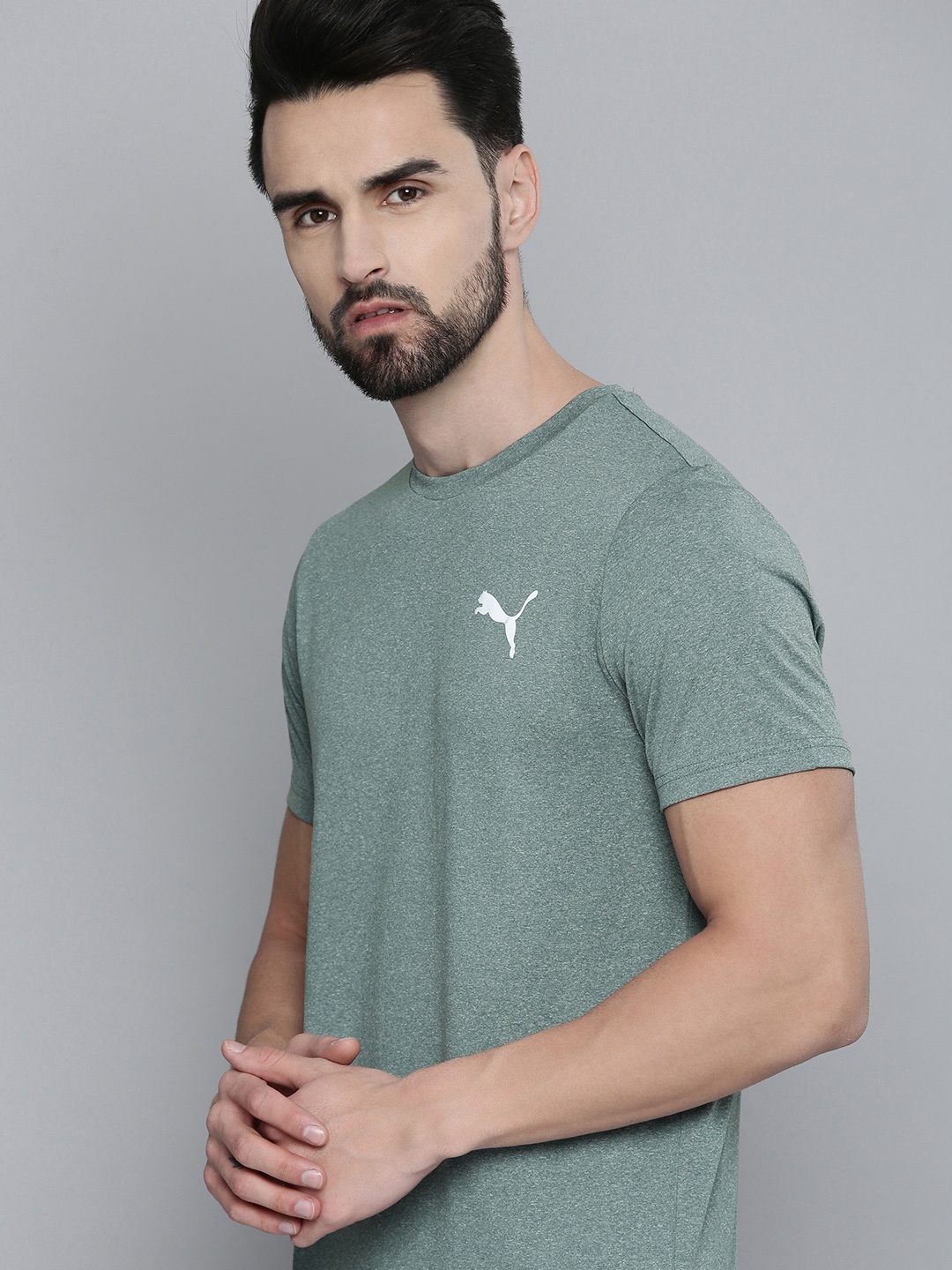 

Puma Men Mineral Blue Heather Brand Logo Printed Casual Slim Fit T-shirt