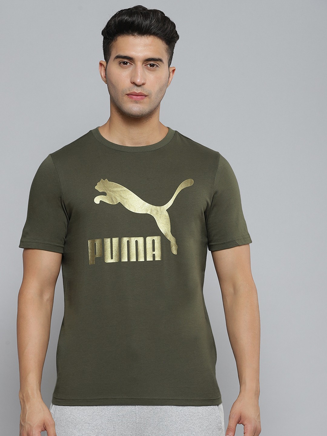 

Puma Men Olive Green & Gold-Toned Brand Logo Printed Pure Cotton T-shirt