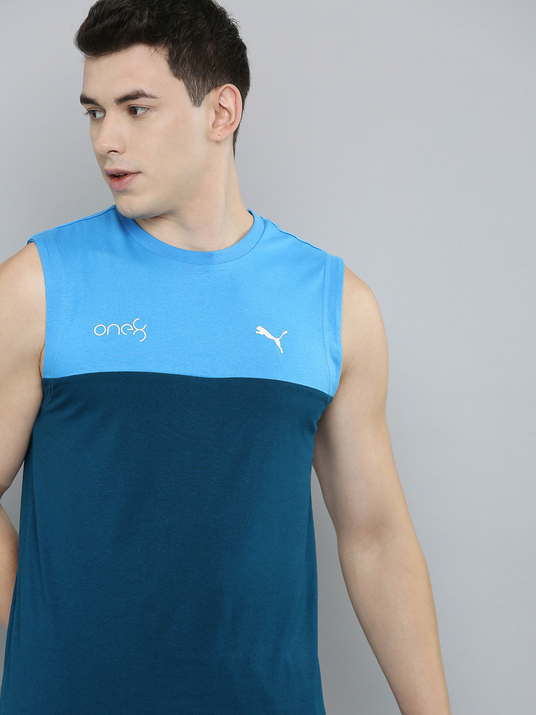 

one8 x PUMA Men Blue Colourblocked Sleevless Pure Cotton T-shirt