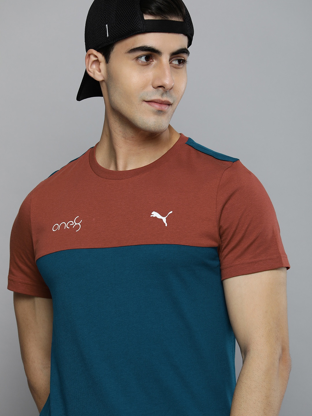 

one8 x PUMA Men Teal Blue & Brown Colourblocked T-shirt
