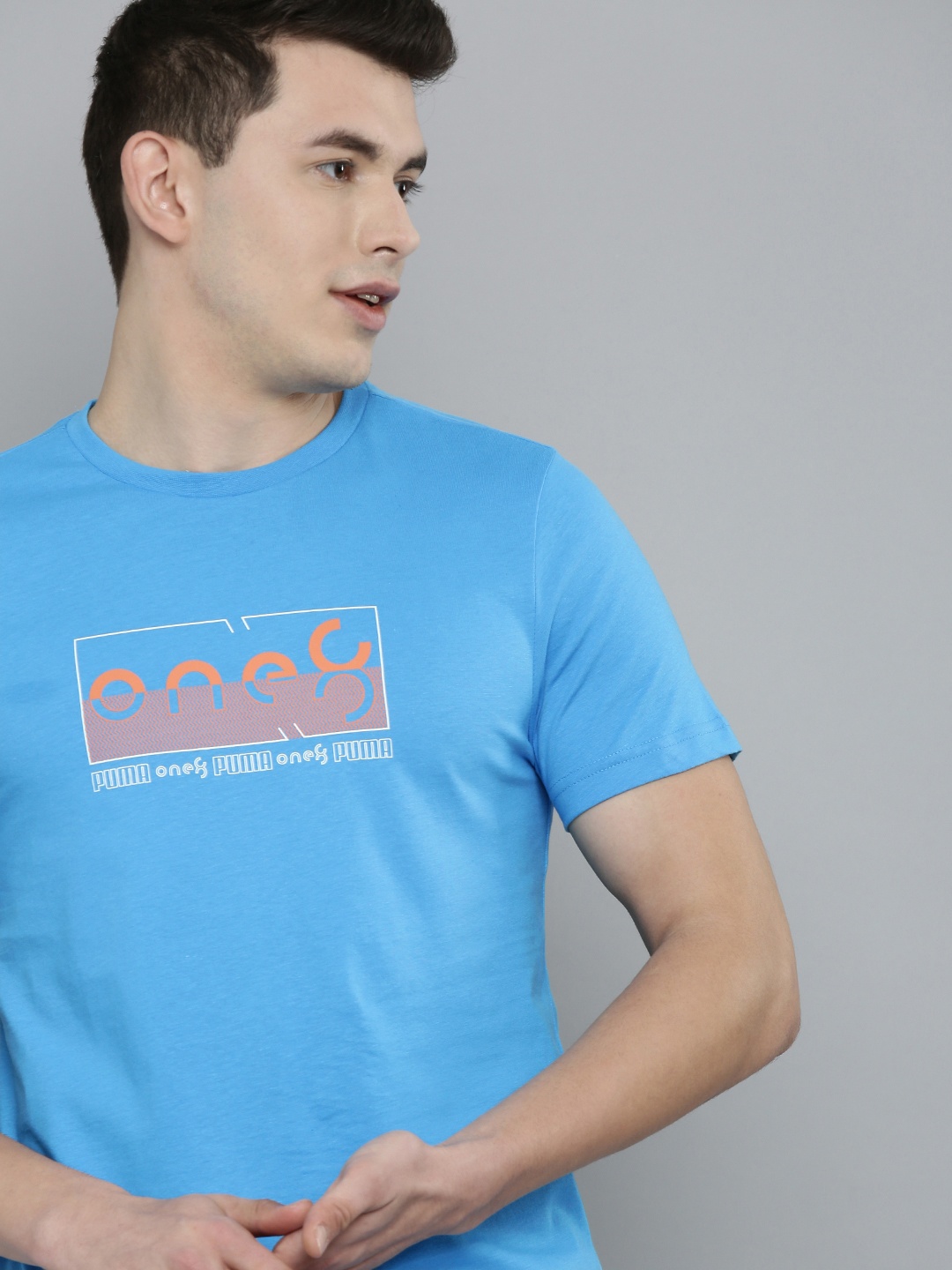 

one8 x PUMA Men Blue & Orange Brand Logo Printed Pure cotton T-shirt