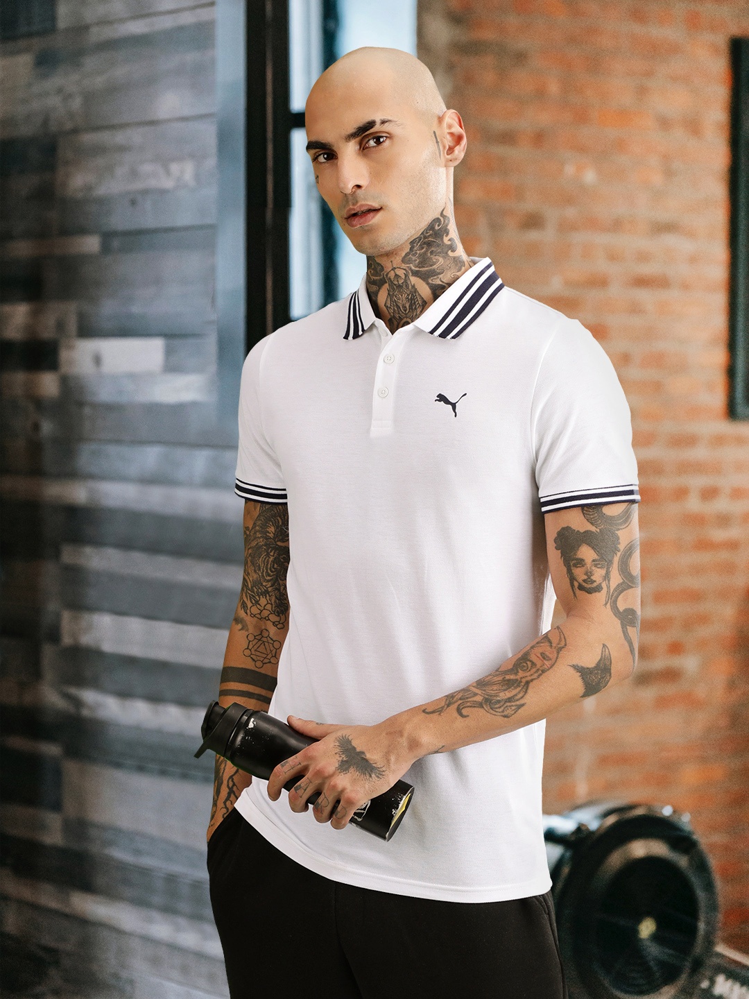 

one8 x PUMA Men White & Black Printed Polo Collar Casual T-shirt