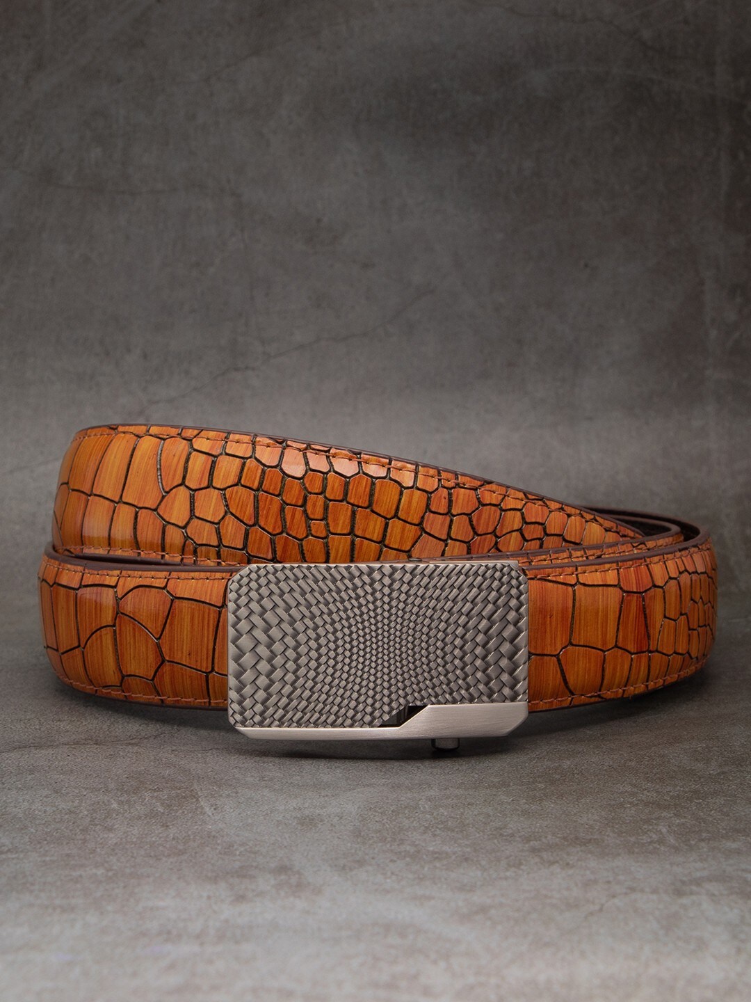 

BANGE Men Orange Textured Leather Belt