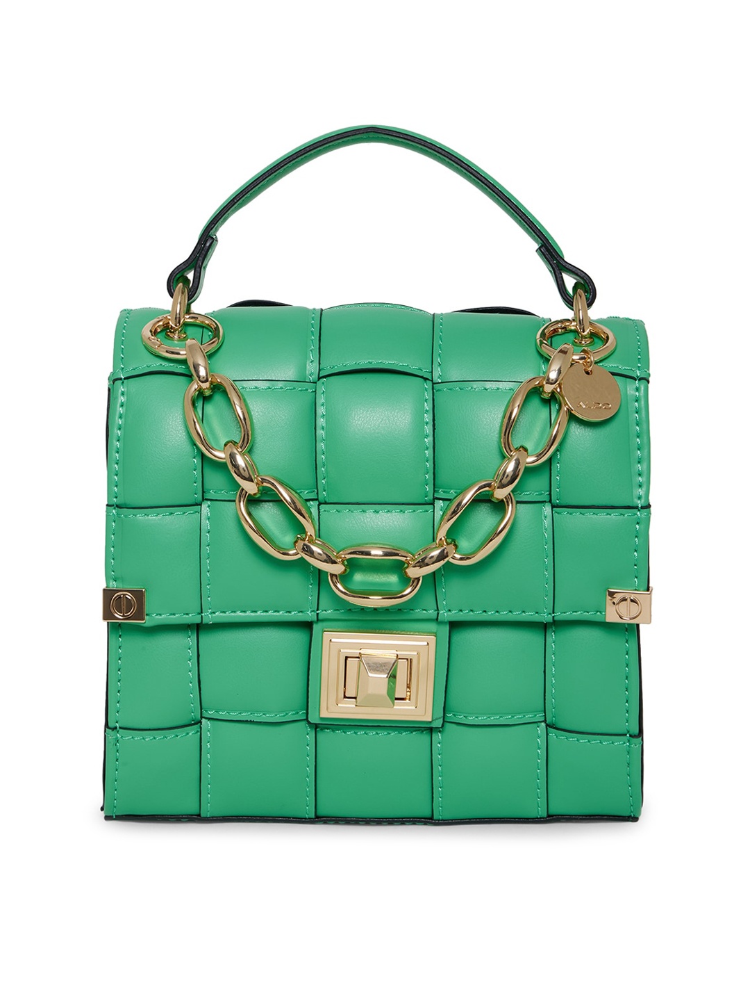 

ALDO Green Checked Embellished Structured Satchel with Cut Work