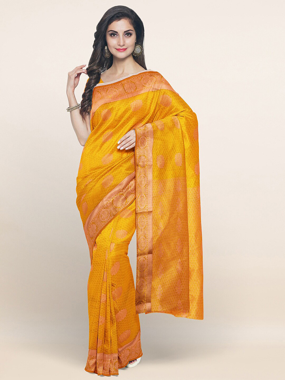 

Pothys Yellow & Gold-Toned Abstract Woven Design Saree