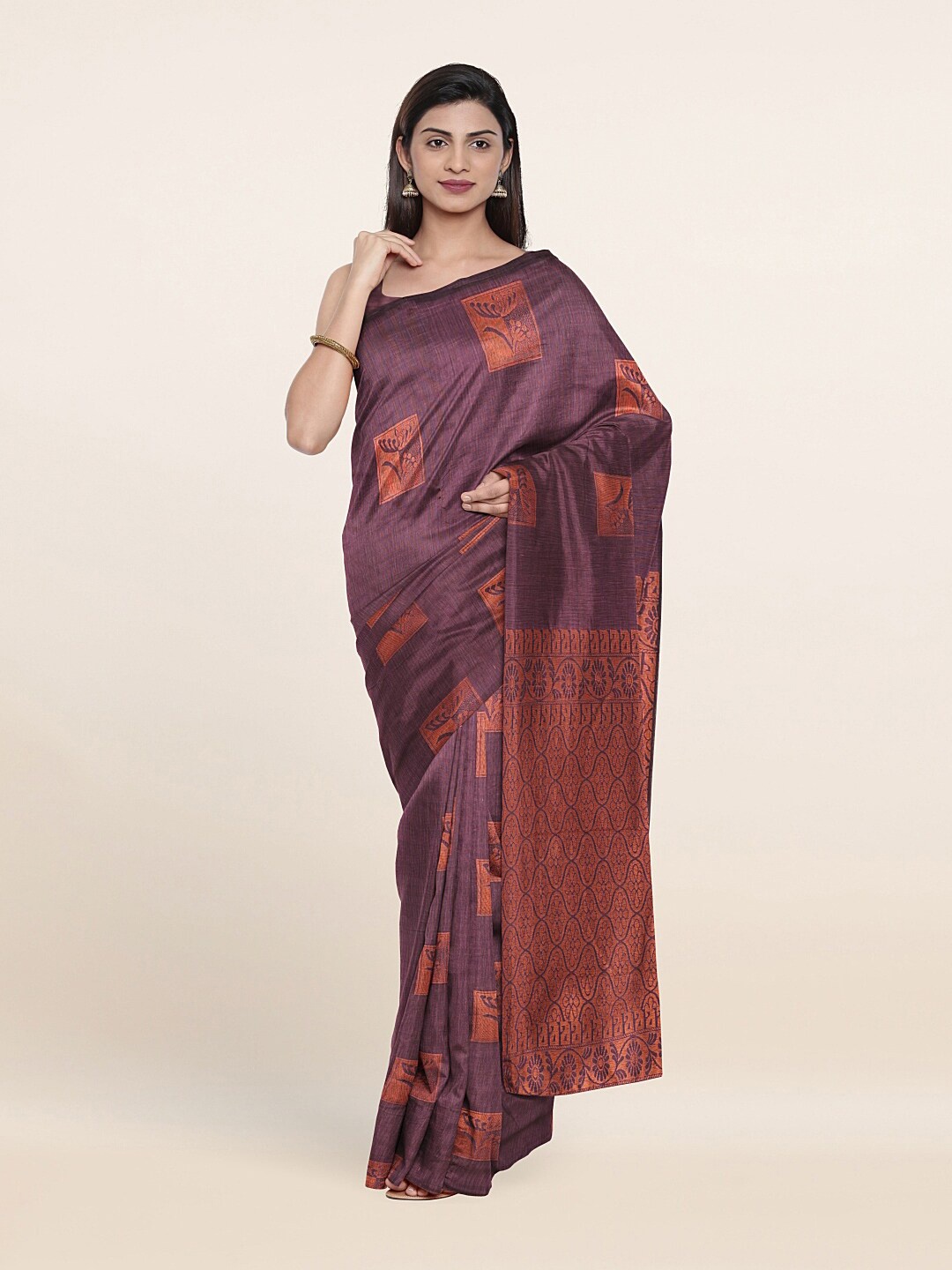 

Pothys Brown & Copper-Toned Ethnic Motifs Zari Silk Cotton Saree