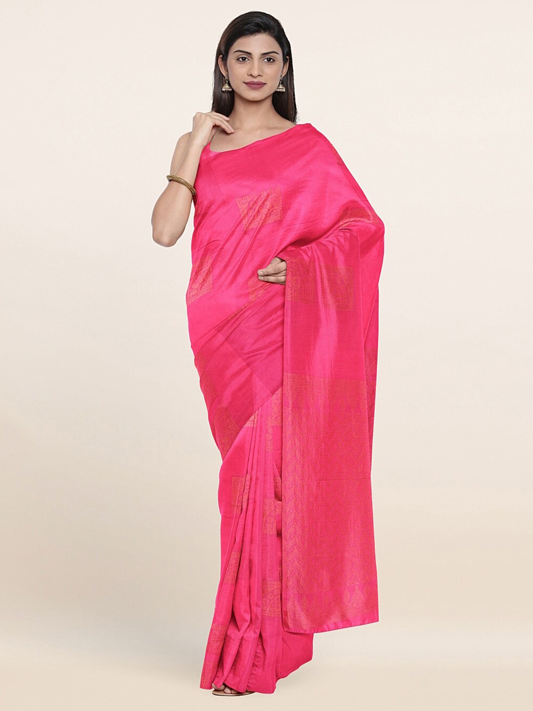 

Pothys Pink & Gold-Toned Woven Design Silk Cotton Saree