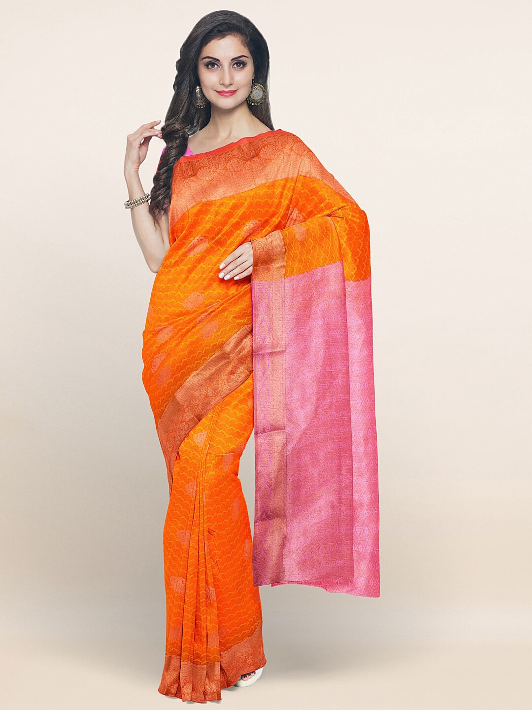

Pothys Orange & Pink Ethnic Motifs Zari Art Silk Saree