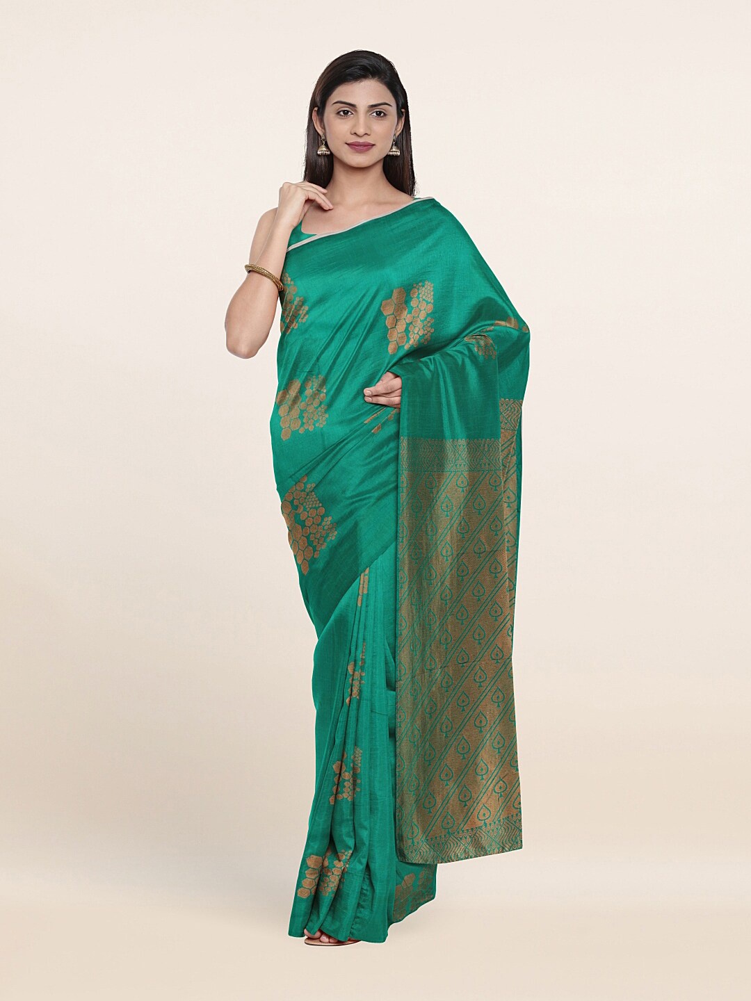 

Pothys Green & Gold-Toned Floral Zari Silk Cotton Saree