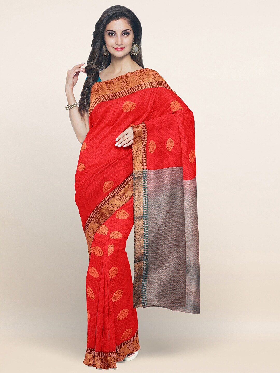 

Pothys Red & Teal Blue Ethnic Motifs Art Silk Saree