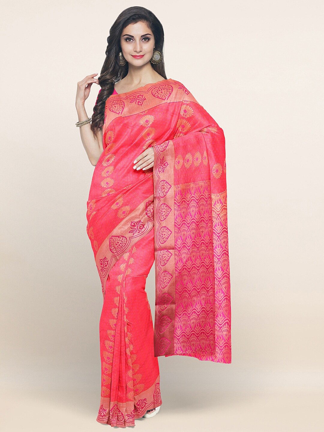 

Pothys Pink & Golden Ethnic Motifs Zari Art Silk Saree