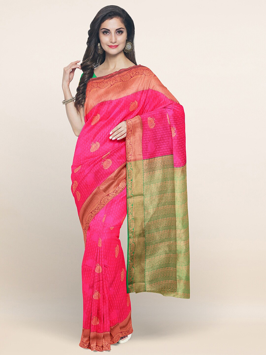 

Pothys Pink & Green Gold-Toned Floral Woven Design Saree
