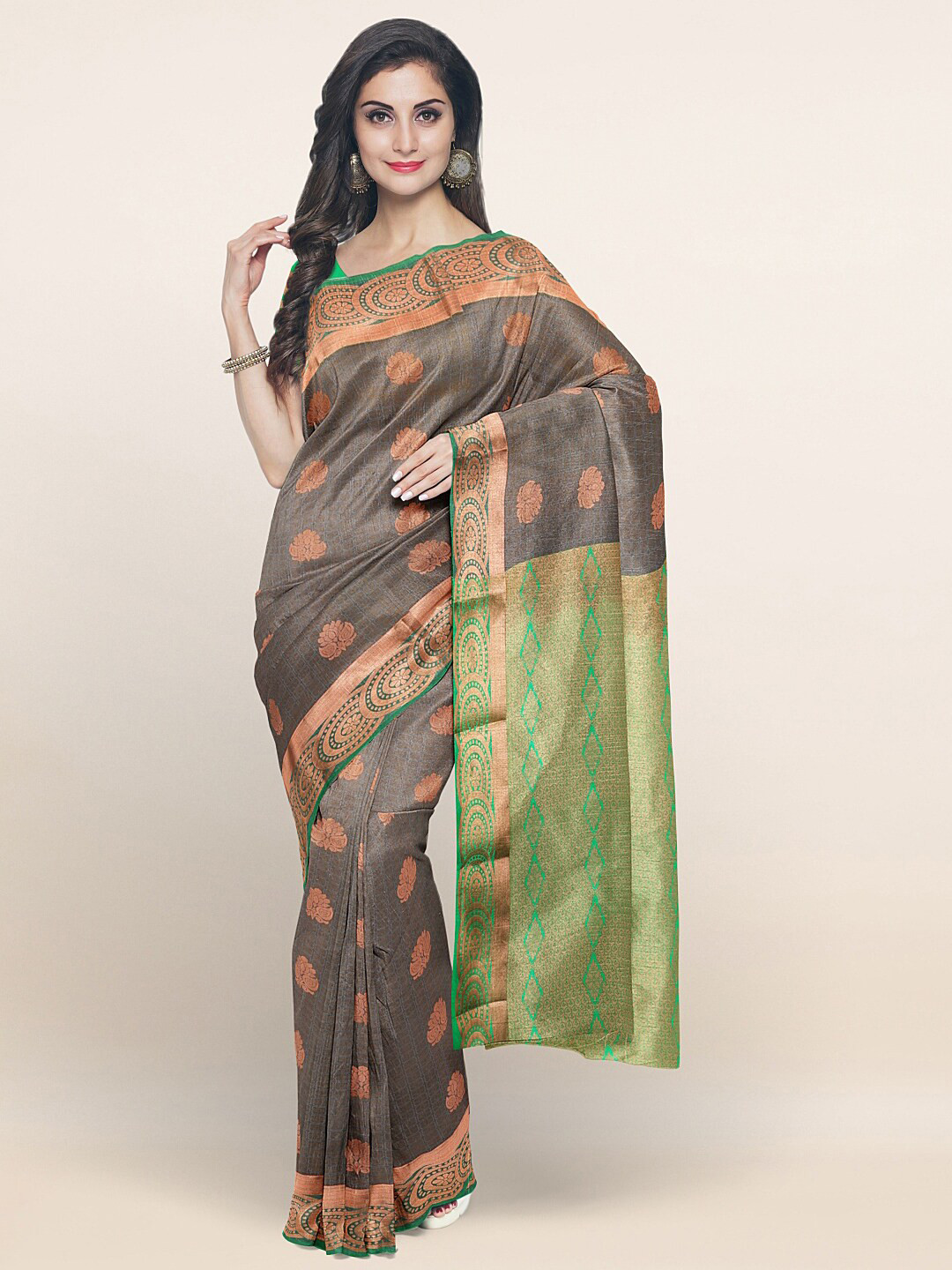 

Pothys Grey & Gold-Toned Ethnic Motifs Zari Art Silk Saree