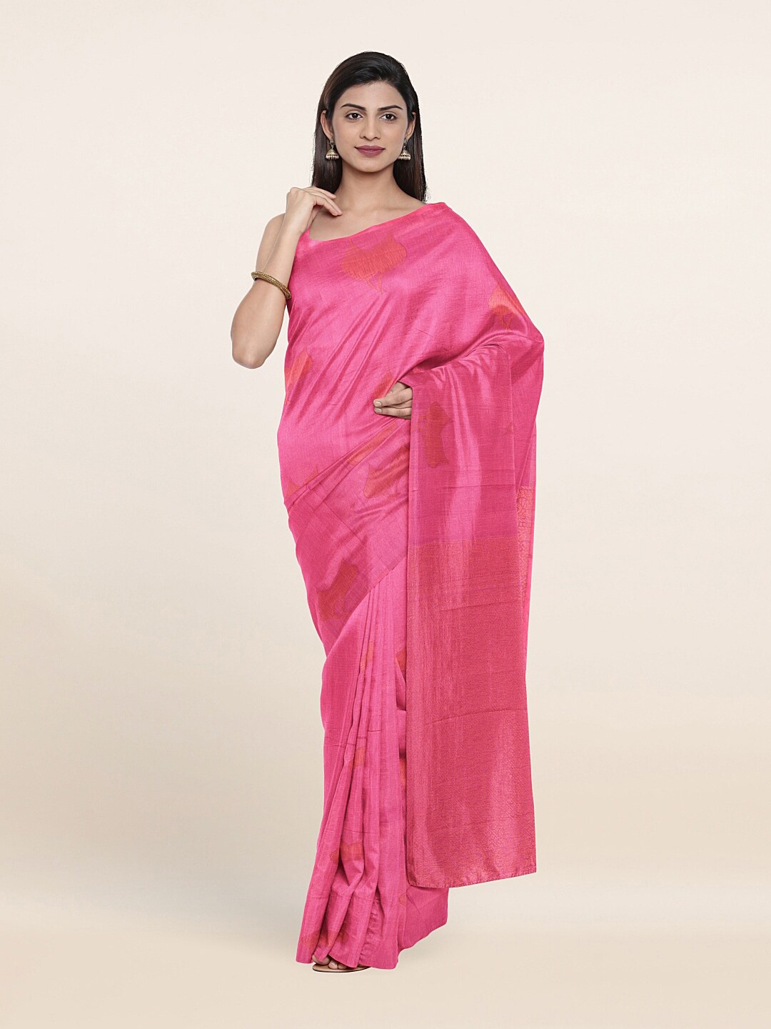 

Pothys Pink & Gold-Toned Woven Design Zari Silk Cotton Saree