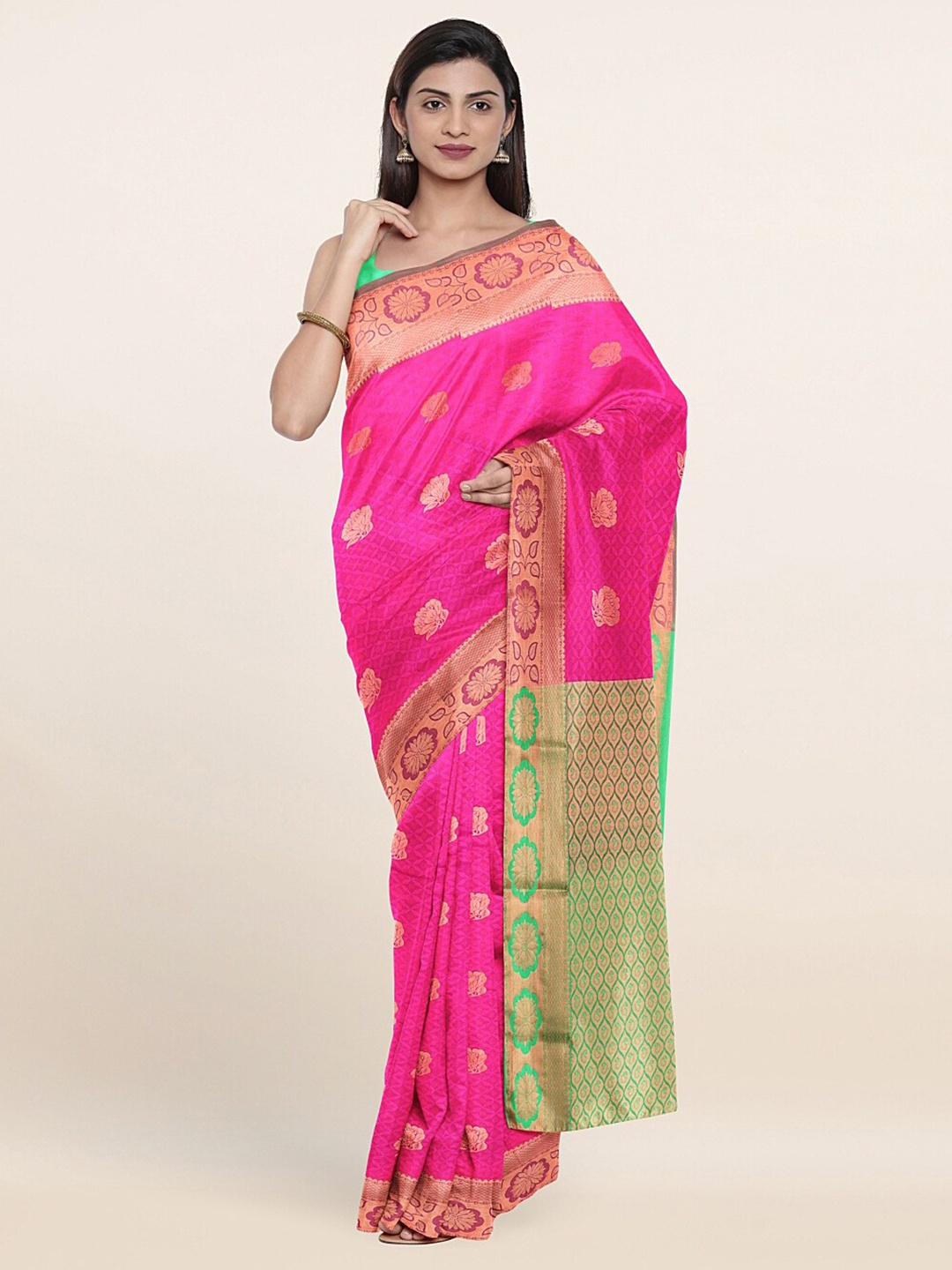 

Pothys Magenta & Green Ethnic Motifs Zari Art Silk Saree