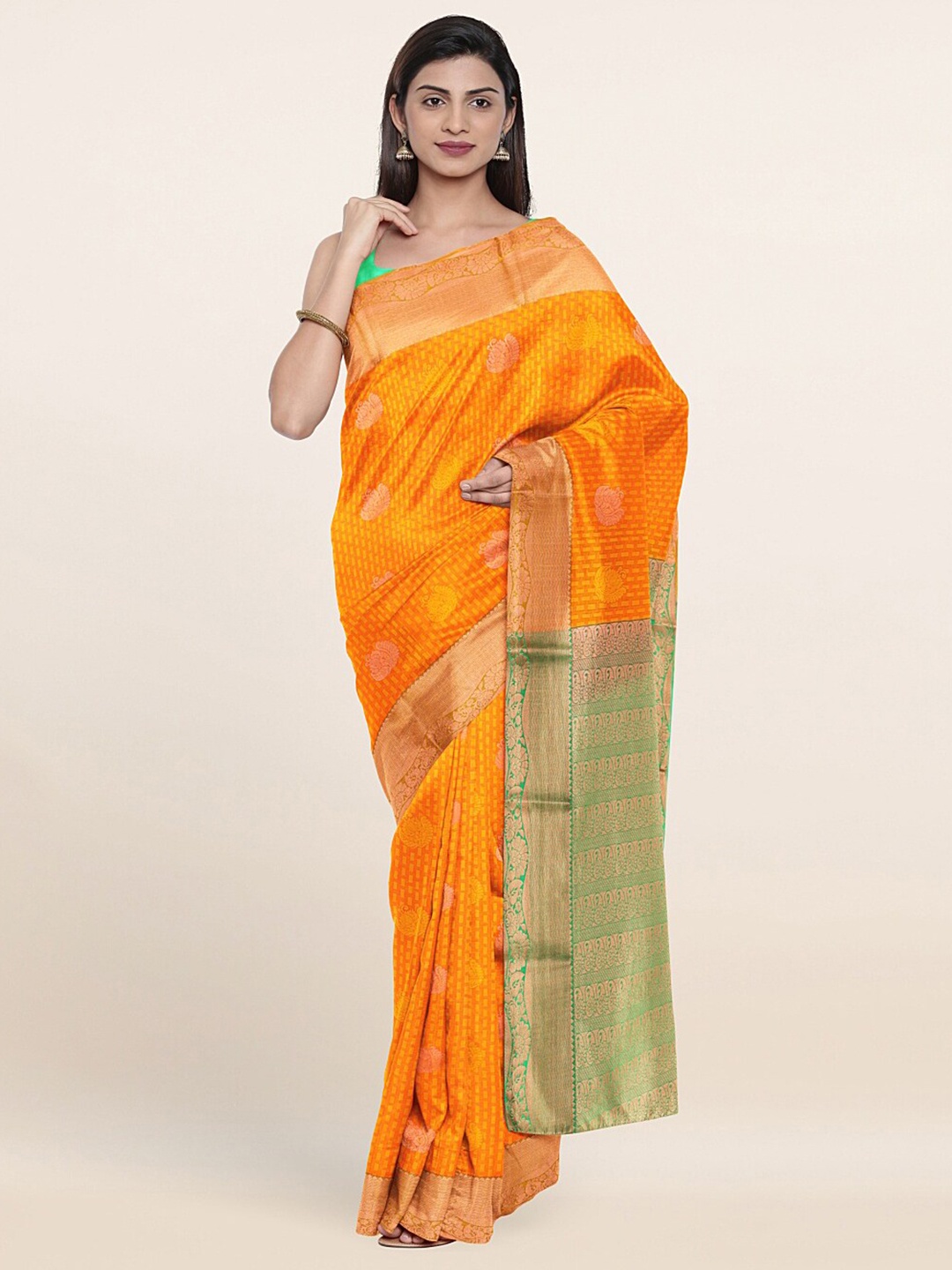 

Pothys Orange & Gold-Toned Ethnic Motifs Zari Art Silk Saree