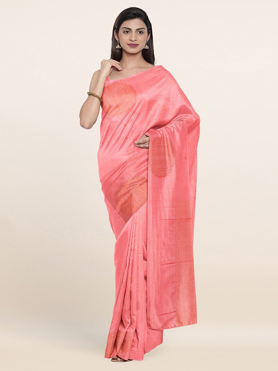 

Pothys Pink & Gold-Toned Woven Design Zari Silk Cotton Saree