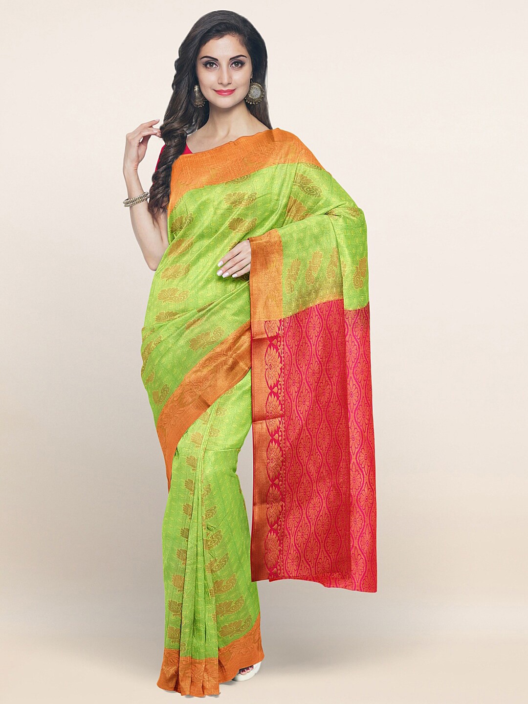 

Pothys Green & Red Copper-Toned Floral Woven Design Saree