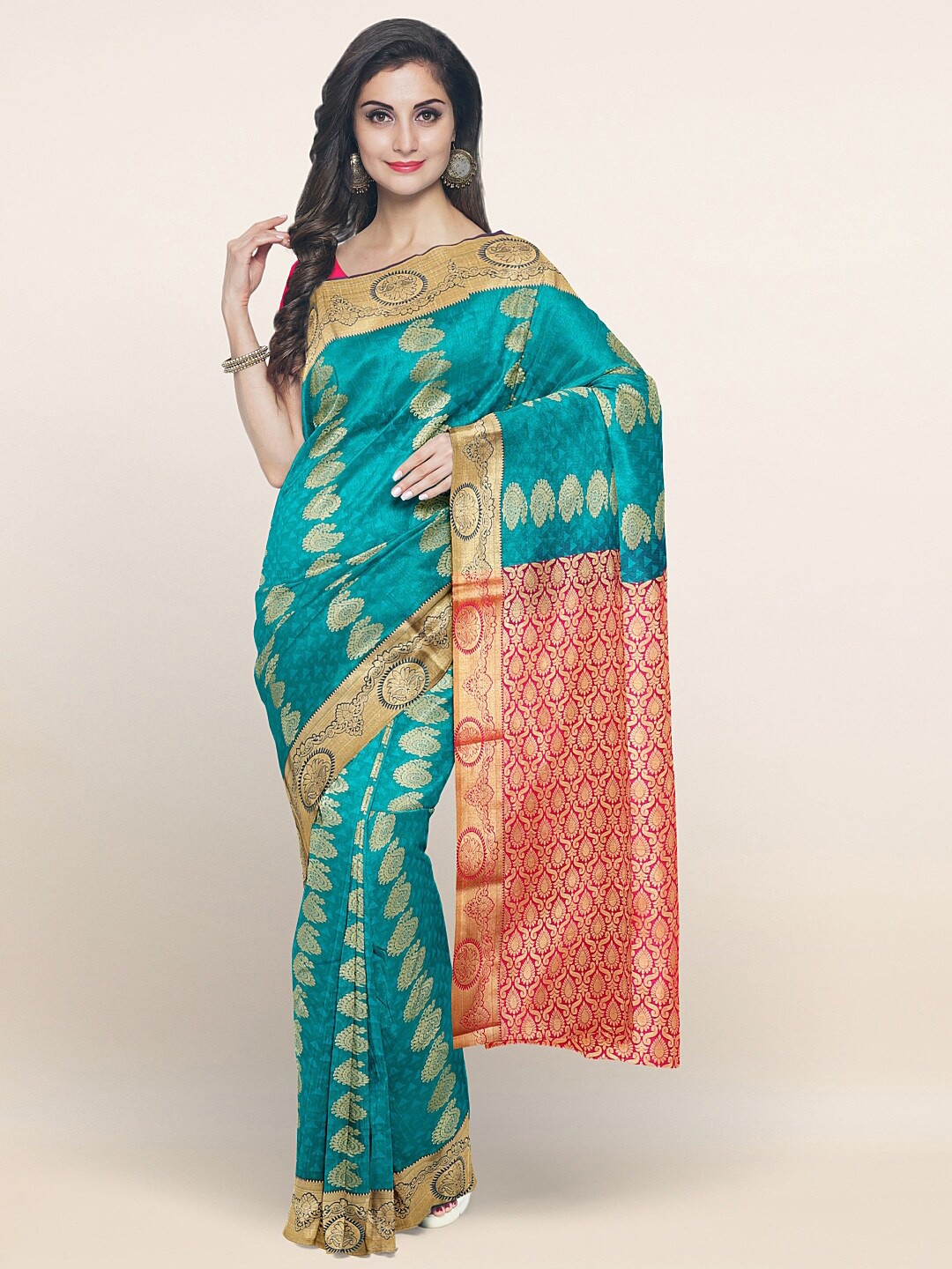 

Pothys Blue & Red Ethnic Motifs Art Silk Saree