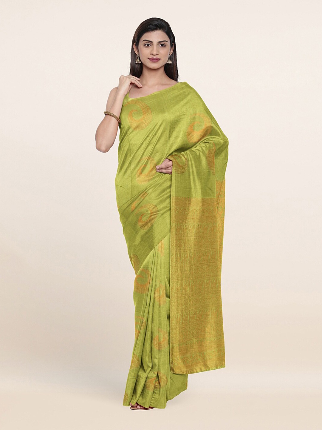 

Pothys Green & Golden Ethnic Motifs Zari Silk Cotton Saree