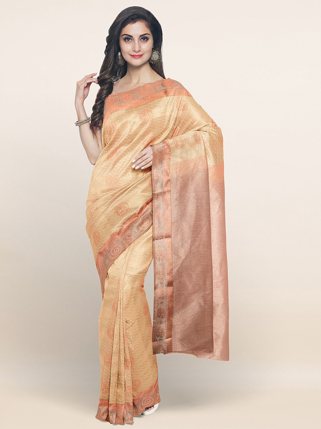

Pothys Cream-Coloured & Copper-Toned Woven Design Zari Art Silk Saree
