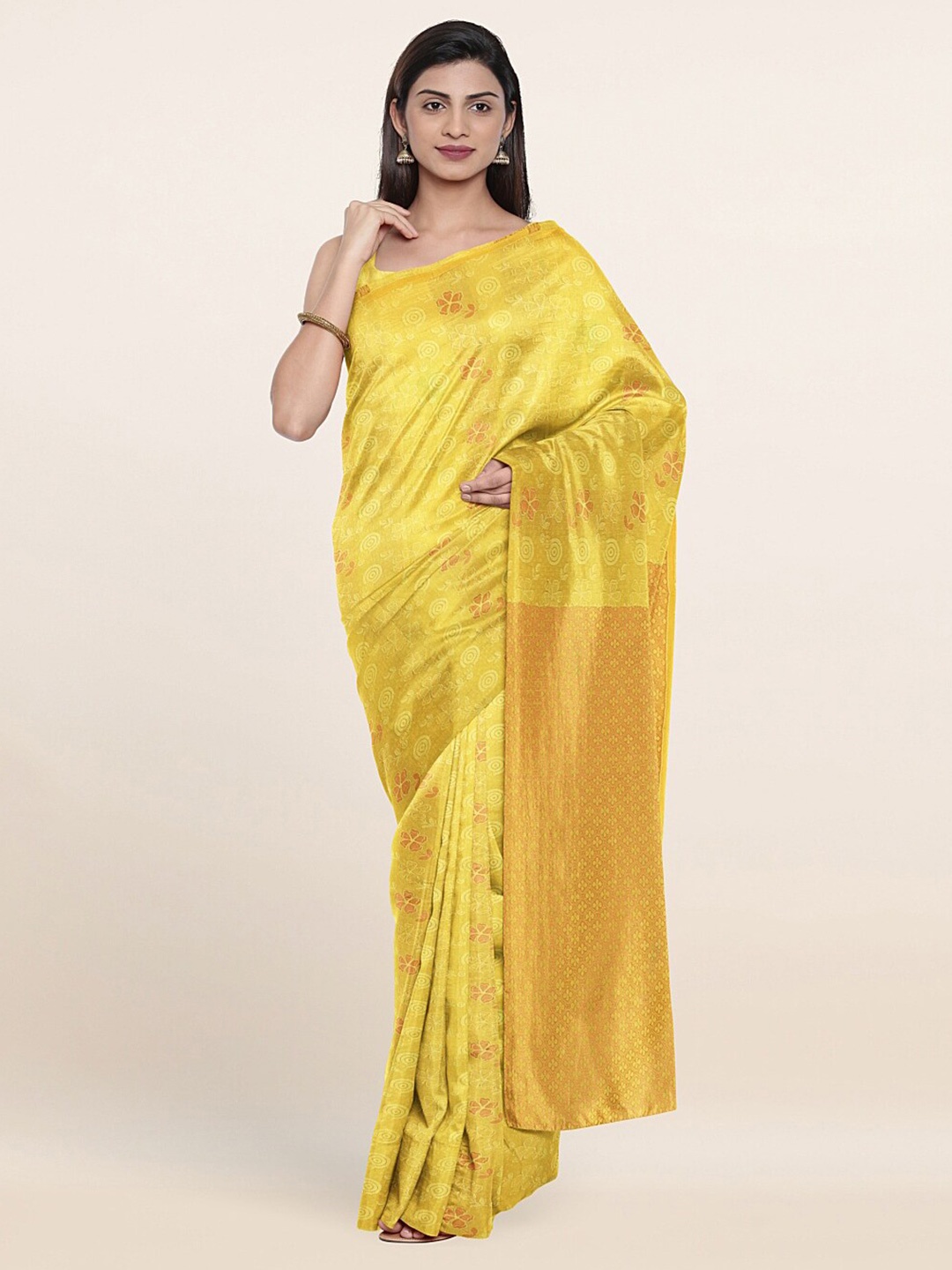 

Pothys Yellow & Copper-Toned Floral Woven Design Saree