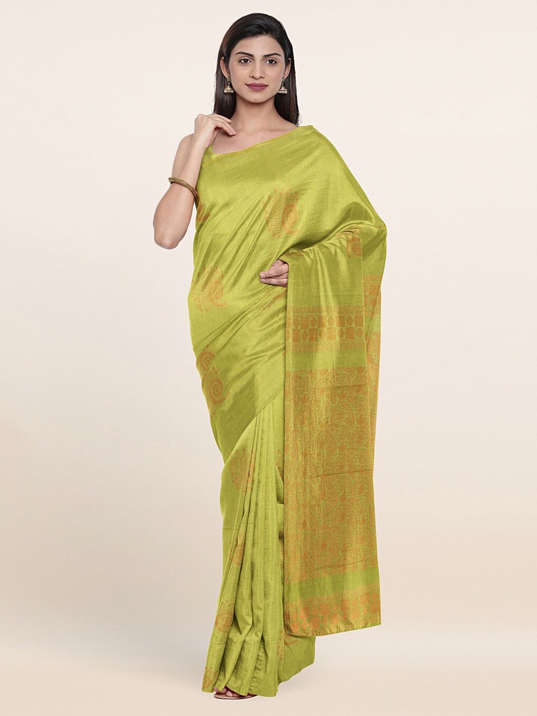 

Pothys Green & Gold-Toned Ethnic Motifs Zari Silk Cotton Saree