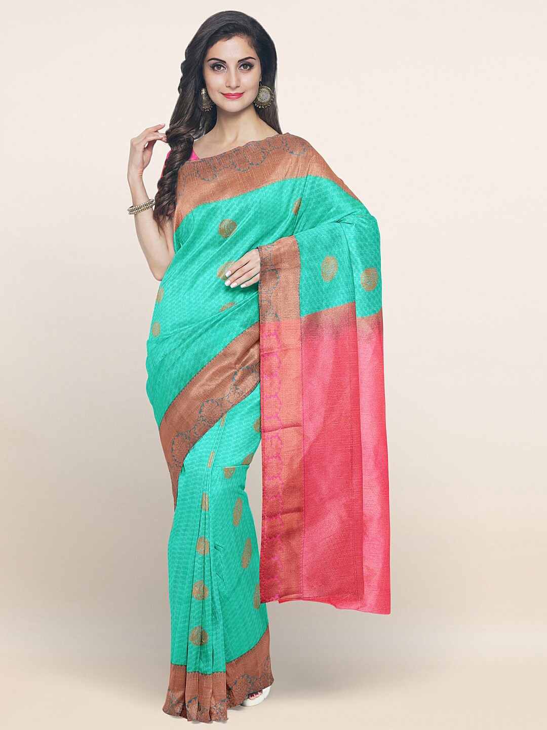 

Pothys Green & Pink Ethnic Motifs Art Silk Saree