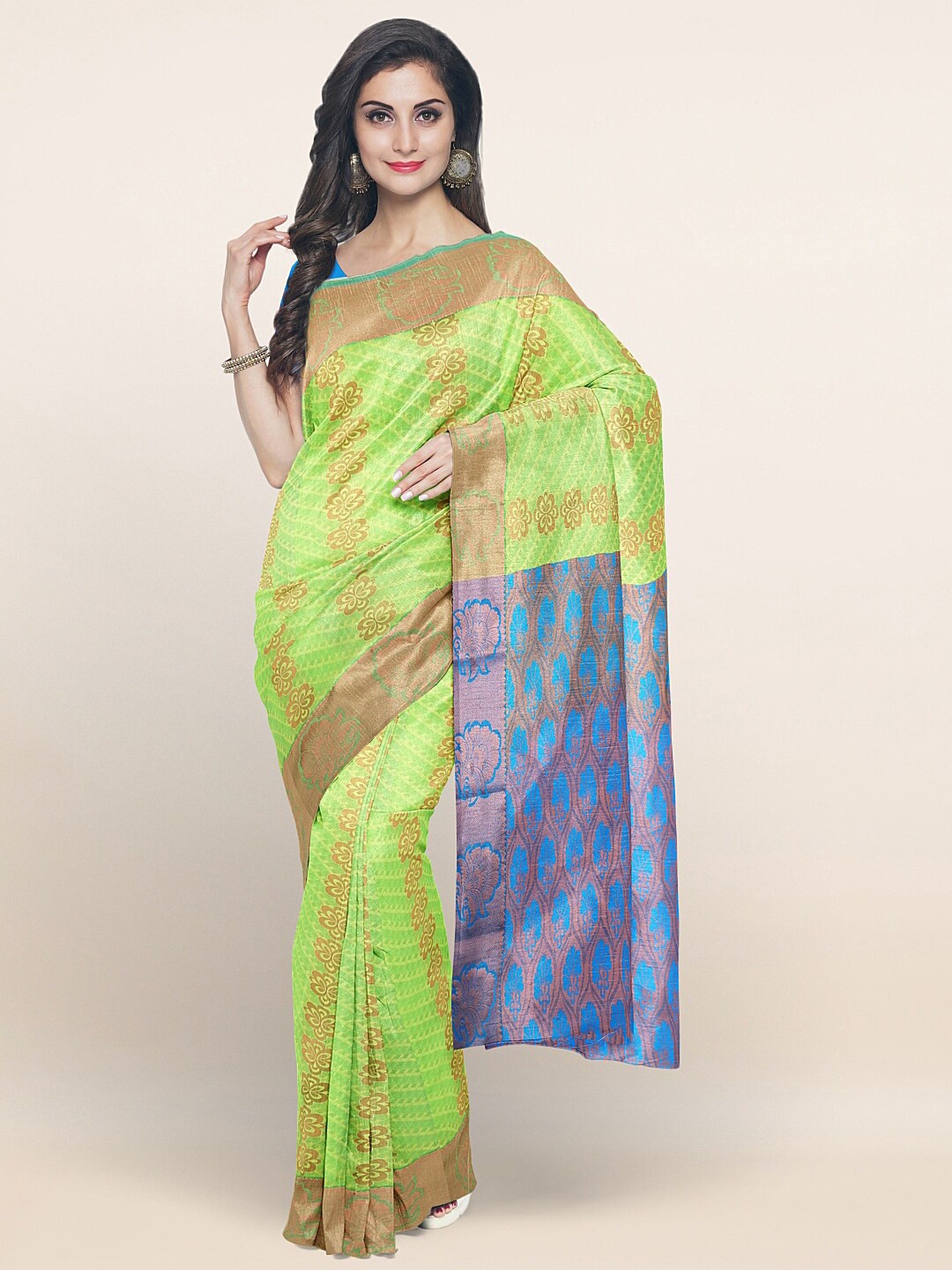 

Pothys Green & Gold-Toned Floral Art Silk Saree