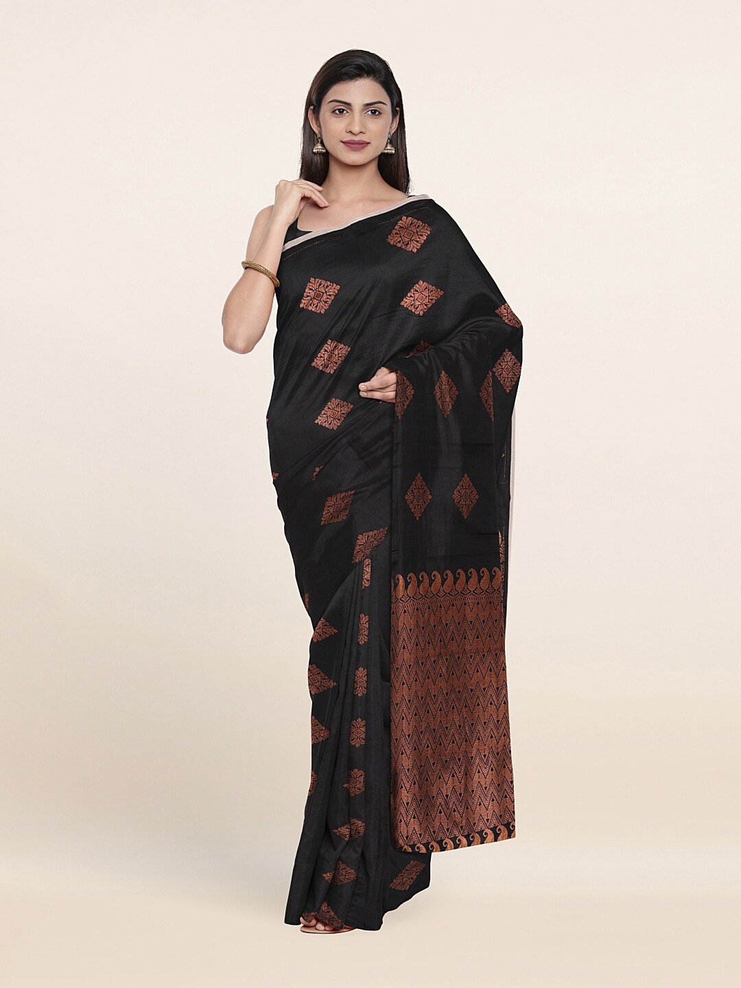 

Pothys Black & Copper-Toned Floral Zari Silk Cotton Saree