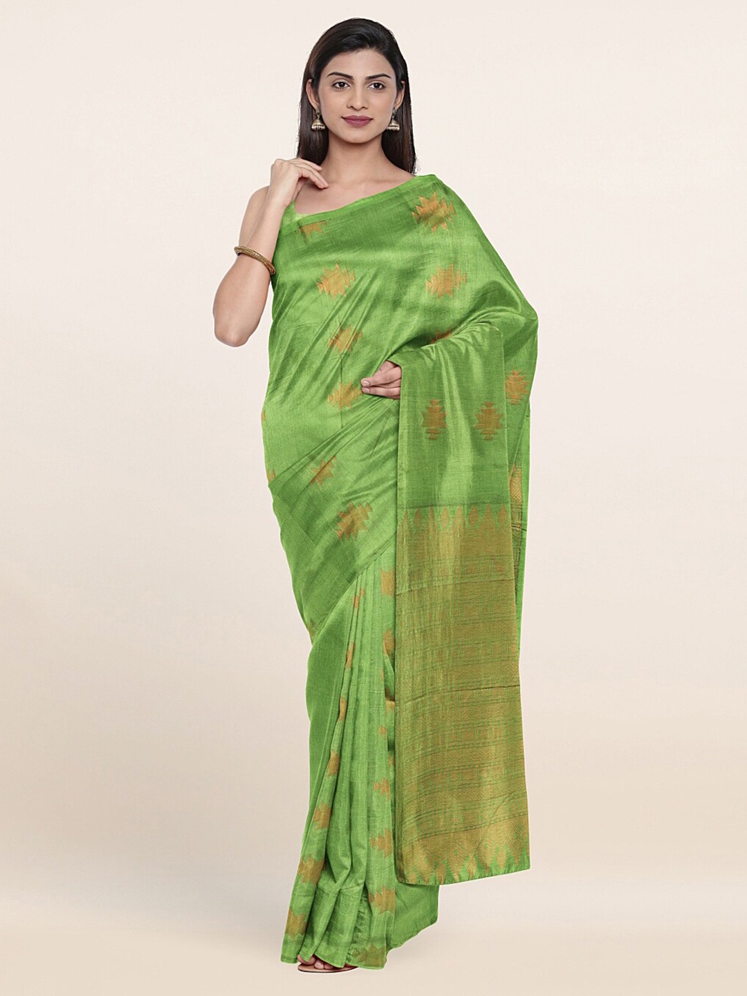 

Pothys Green & Copper-Toned Woven Design Silk Cotton Saree