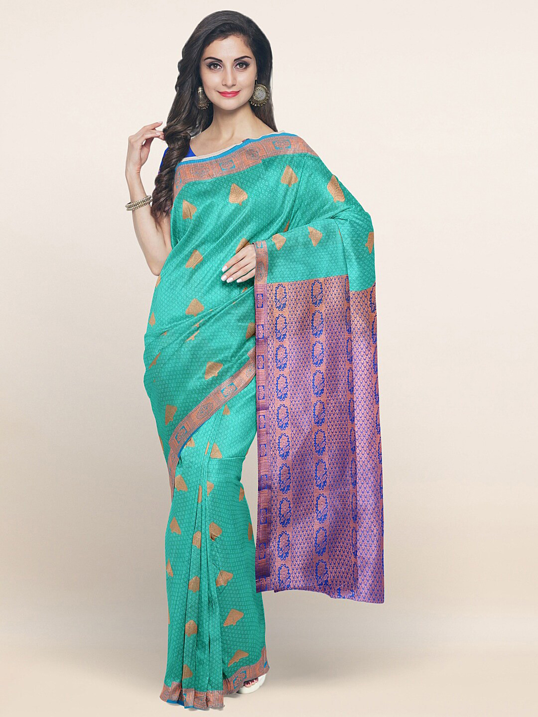 

Pothys Green & Purple Gold-Toned Geometric Woven Design Saree
