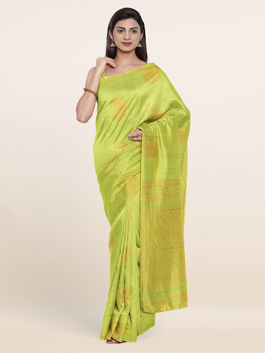 

Pothys Green & Gold-Toned Woven Design Zari Silk Cotton Saree