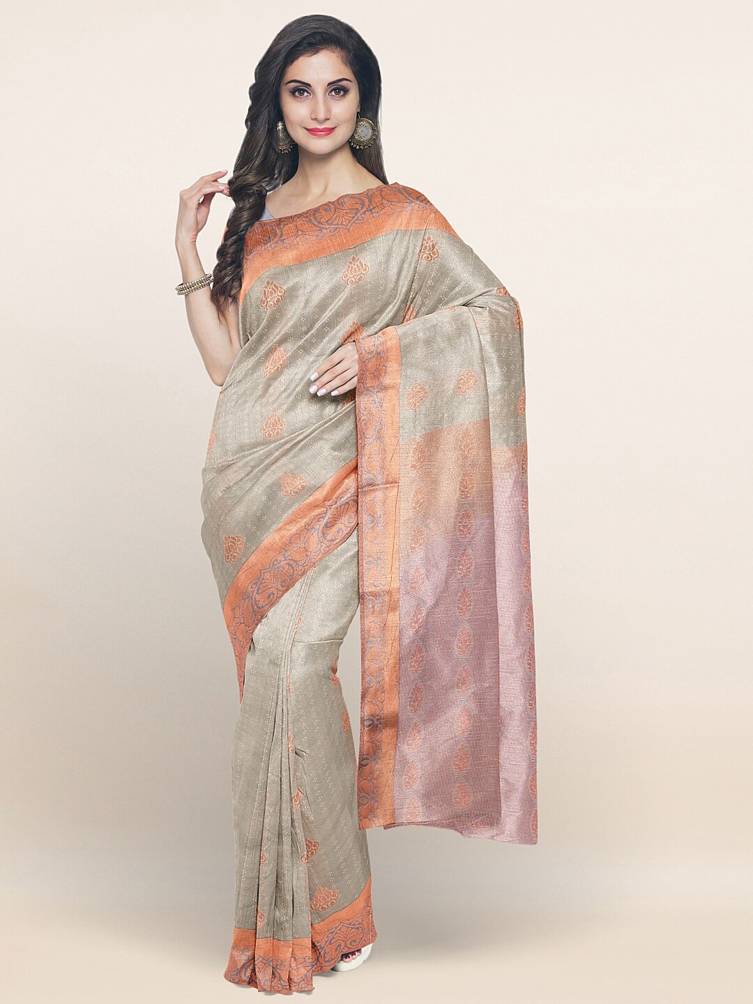 

Pothys Grey & Gold-Toned Woven Design Zari Art Silk Saree