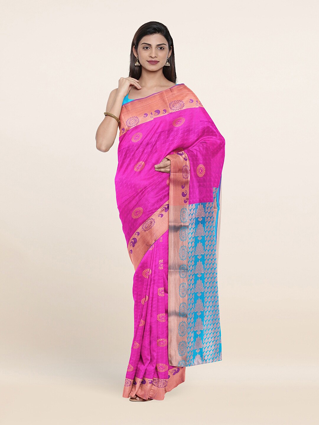 

Pothys Magenta & Blue Ethnic Motifs Zari Art Silk Saree