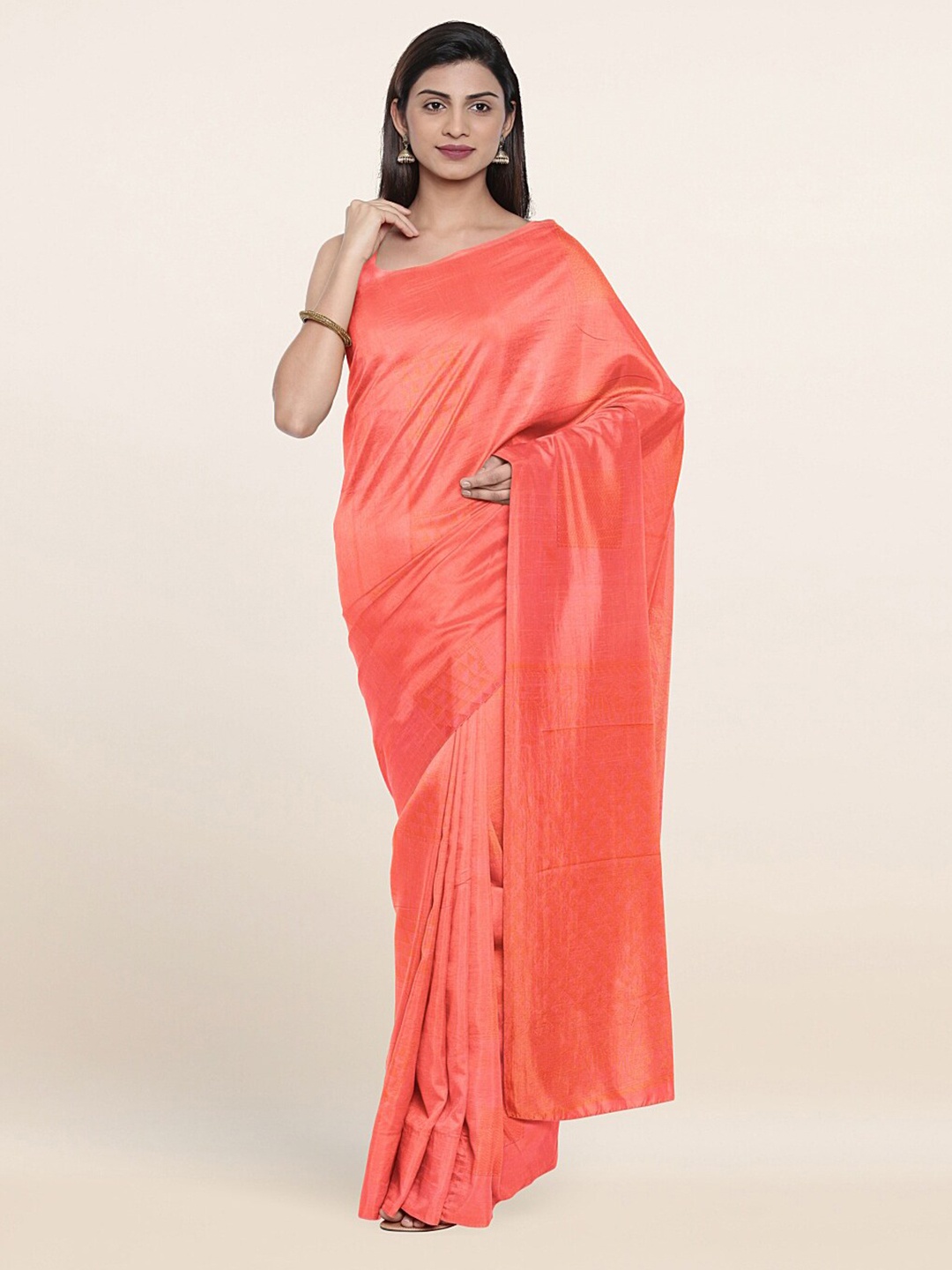 

Pothys Peach-Coloured & Gold-Toned Woven Design Zari Silk Cotton Saree