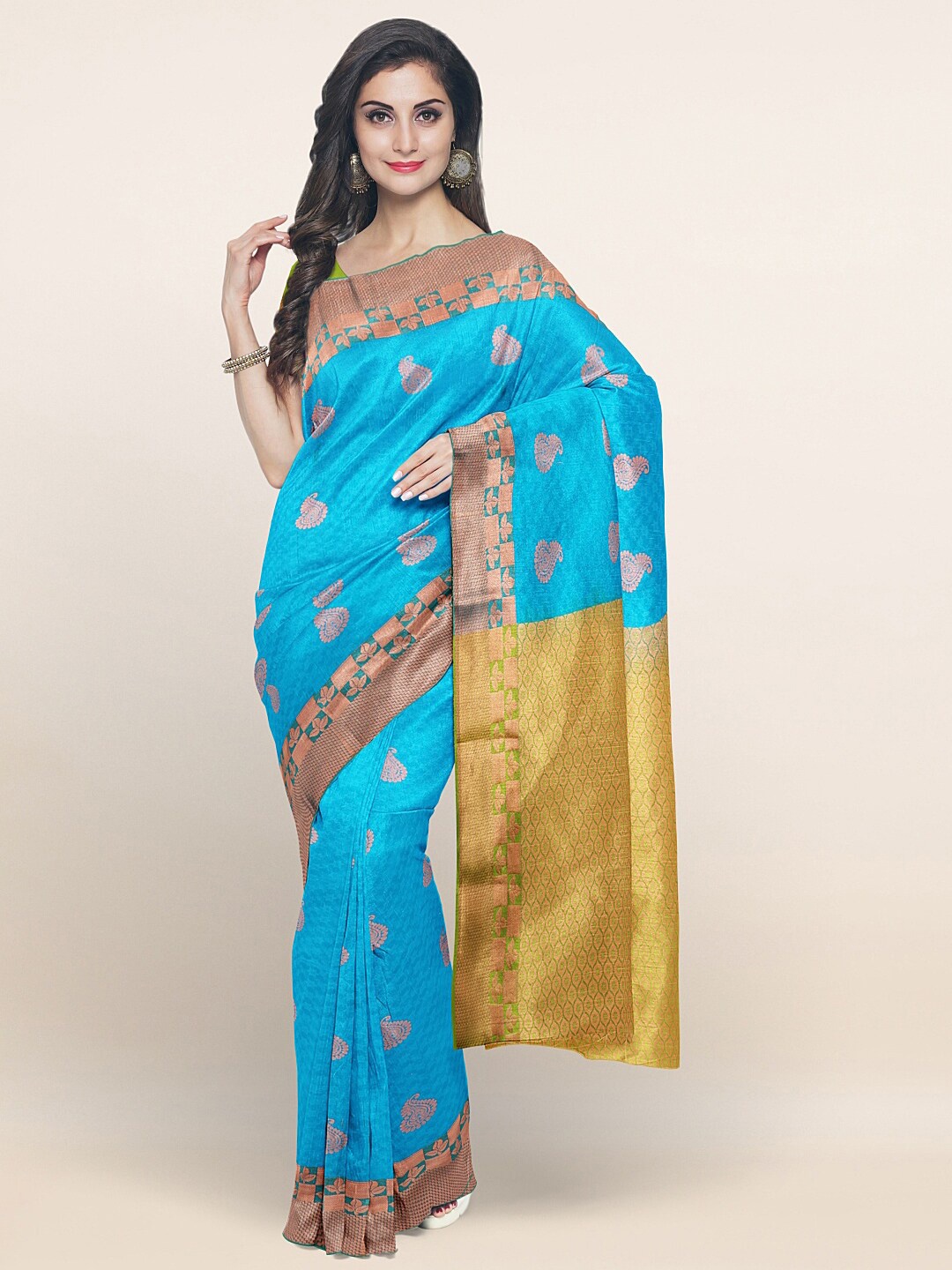 

Pothys Blue & Green Gold-Toned Paisley Woven Design Saree