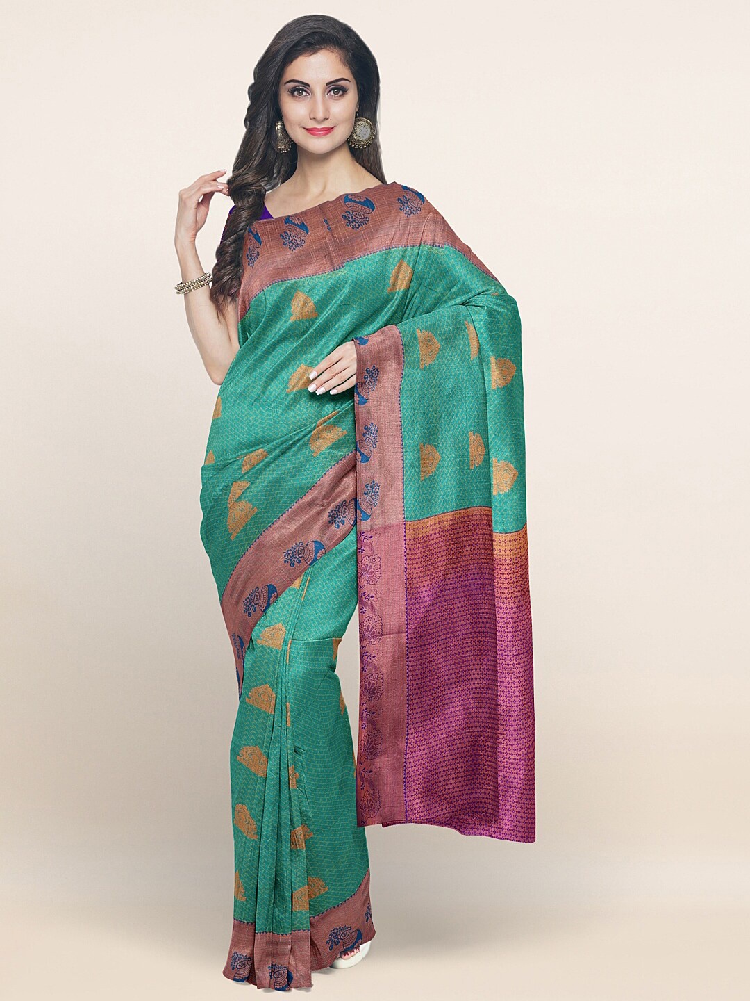 

Pothys Green & Violet Ethnic Motifs Zari Art Silk Saree