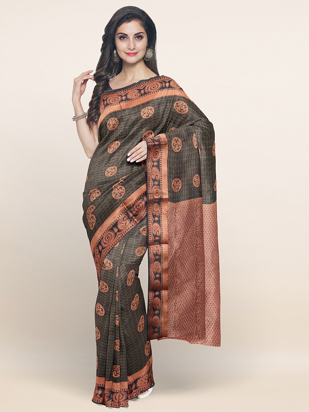 

Pothys Grey & Copper-Toned Ethnic Motifs Art Silk Saree
