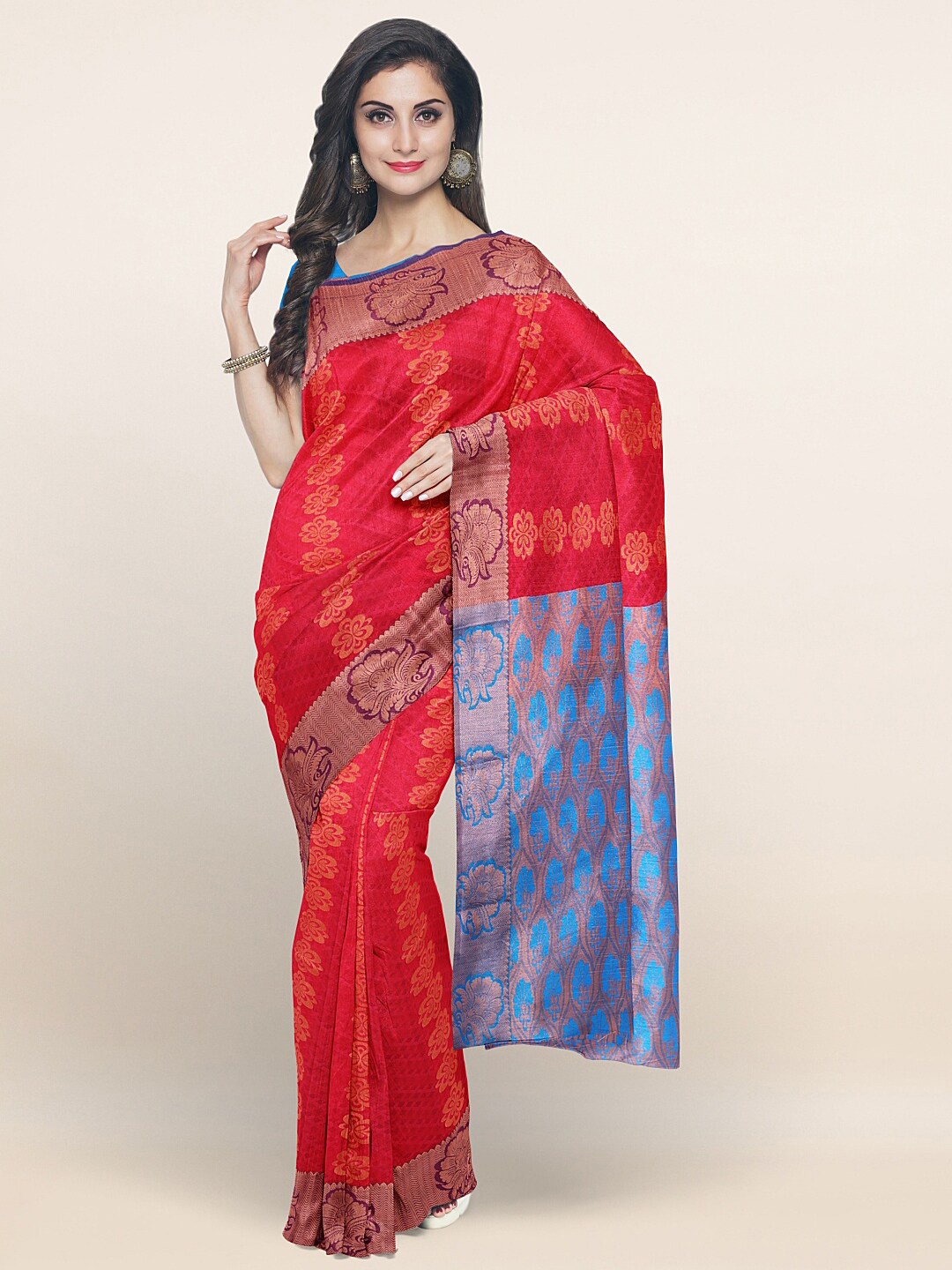 

Pothys Pink & Blue Gold-Toned Ethnic Motifs Woven Design Saree